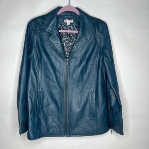 D & Co. Denim & Company Blue Genuine Leather Jacket Womens Medium Leopard Zip‎